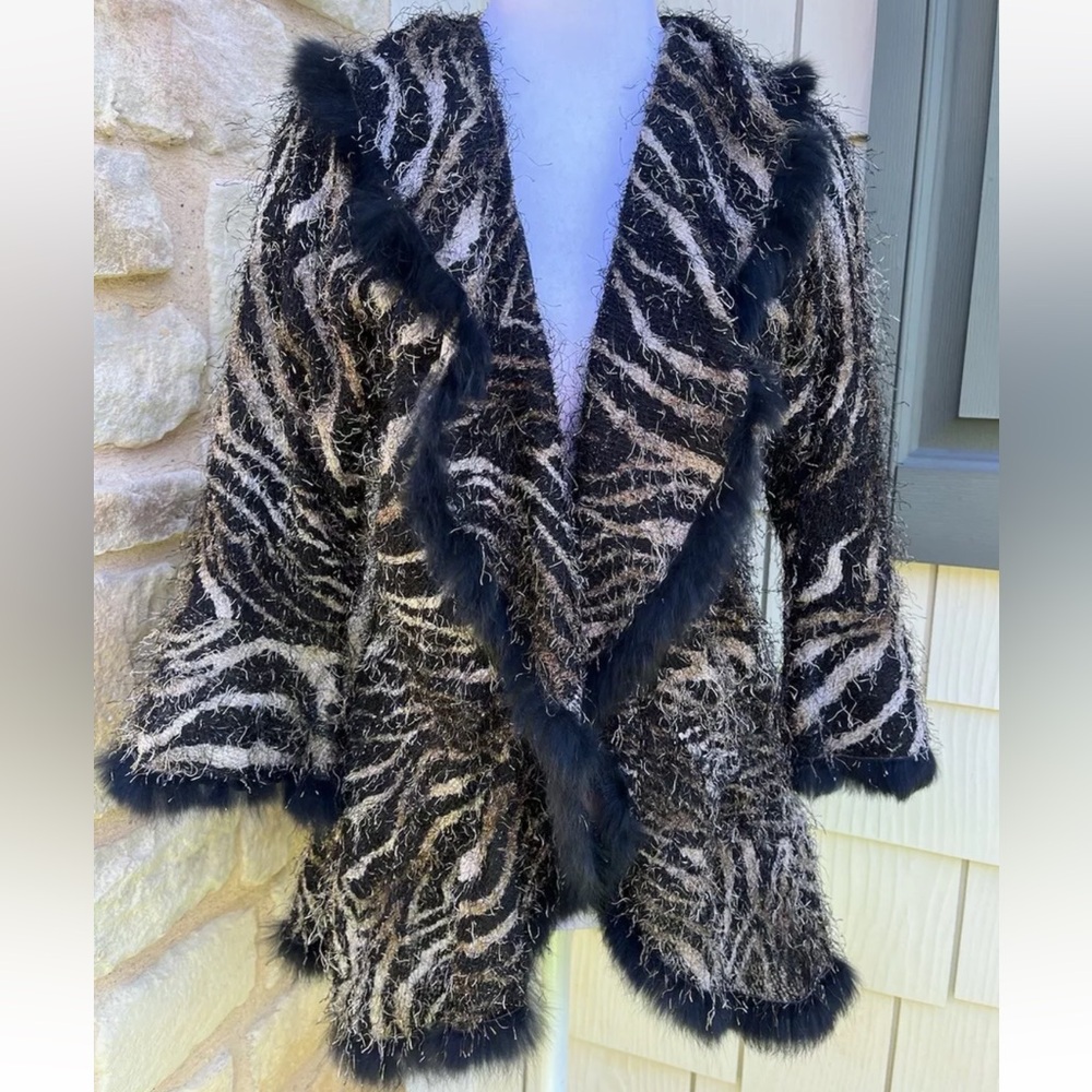 Vtg 90’s Alberto Malaki Zebra Animal Print Rabbit Fur Jacket Cardigan Blouse Top